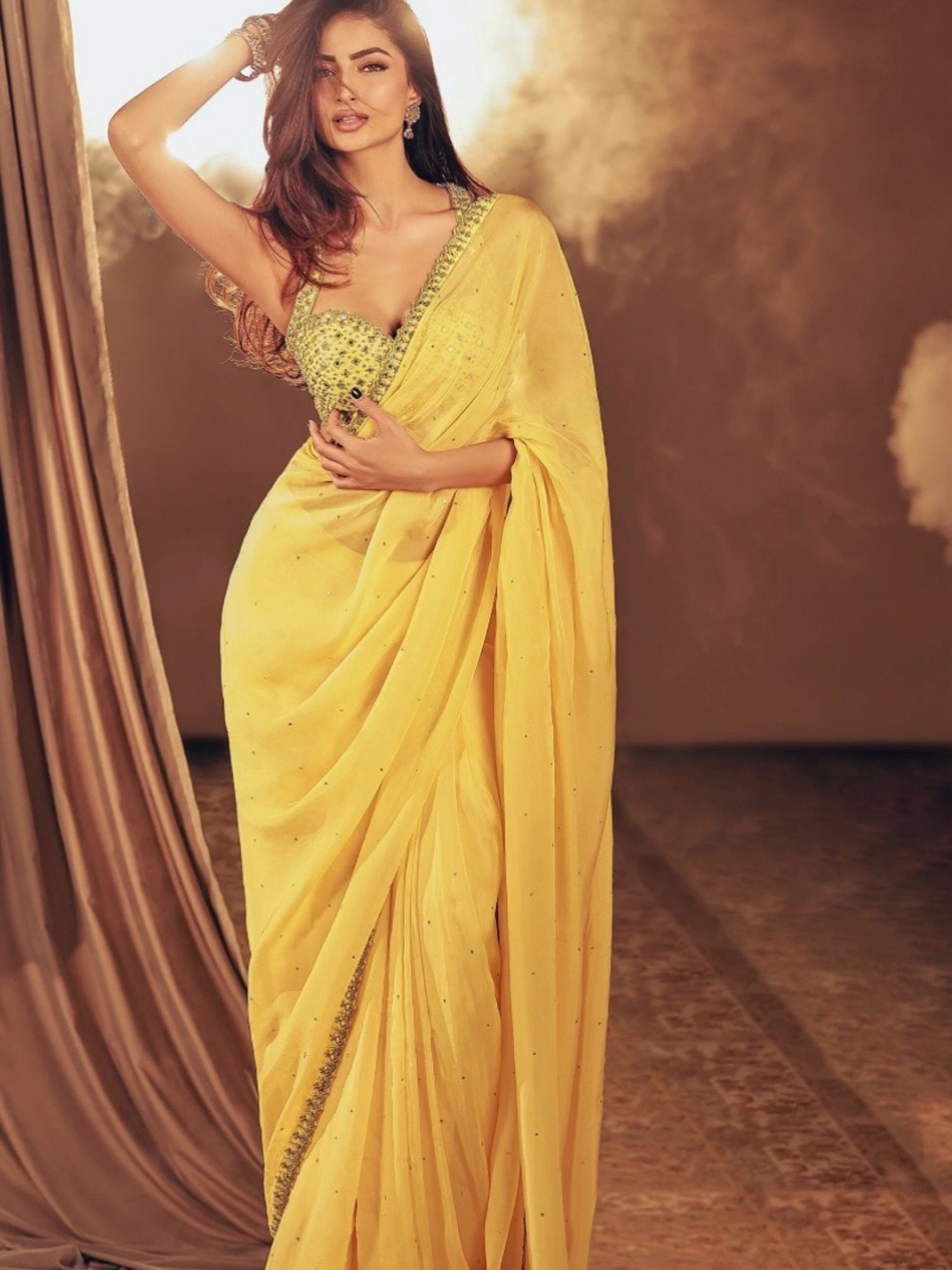 Aariyana Couture Yellow Embellished Halter Crop Top and Pre-Draped Saree